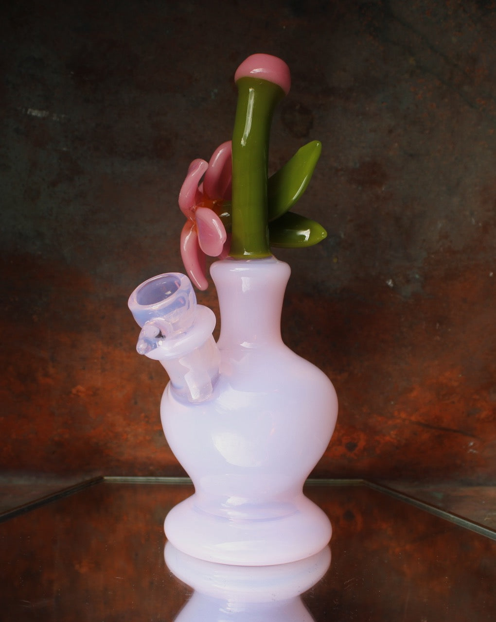 Pink lily in a pink opal bud handblown vase bubbler